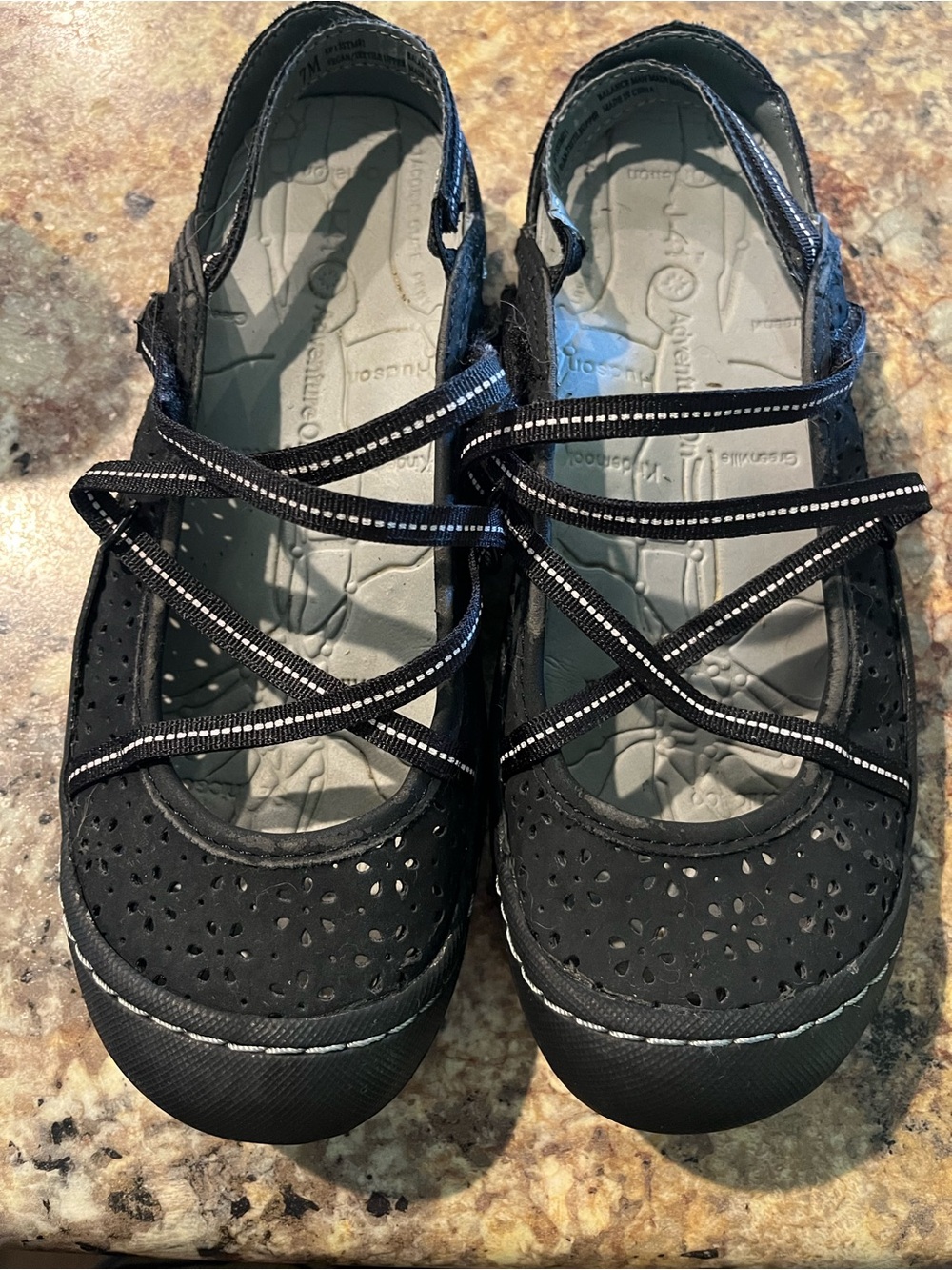 J-41 Black Perforated Mary Jane Flats with Crisscross Elastic Straps